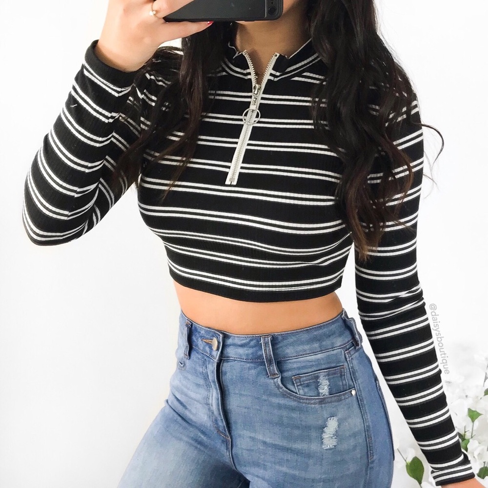 White black striped mock neck crop long sleeve